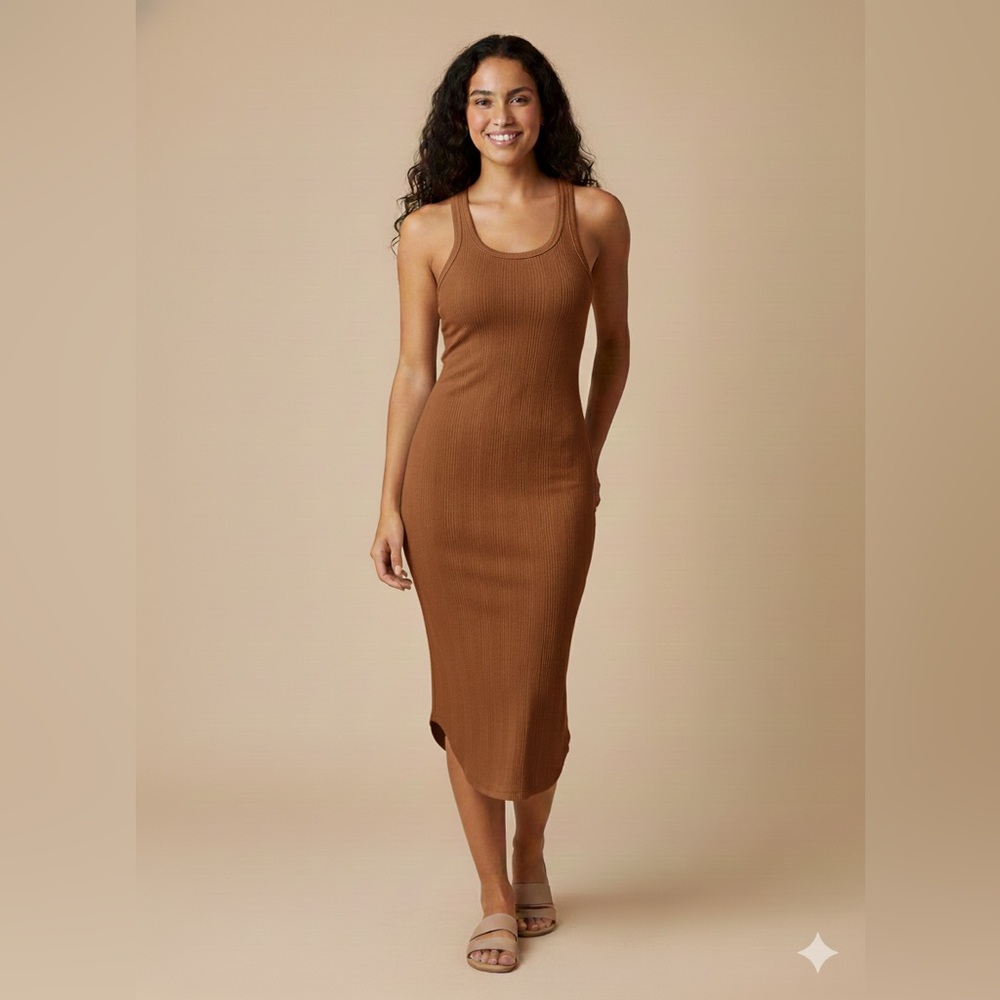 AERIE Ribbed Racerback Brown Midi Length Dress Women XS Minimalist Travel Boho